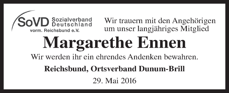  Traueranzeige für Margarethe Ennen vom 29.06.2016 aus Rhein-Zeitung