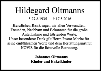 Traueranzeige von Hildegard Oltmanns von Wilhelmshavener Zeitung