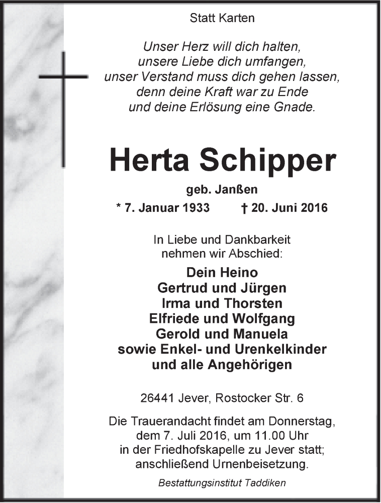 Traueranzeige für Herta Schipper vom 02.07.2016 aus Rhein-Zeitung