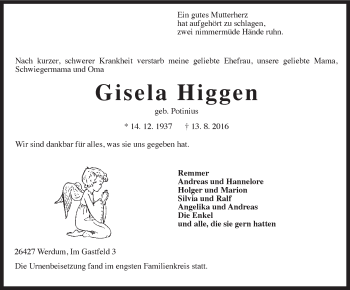 Traueranzeige von Gisela Higgen von Rhein-Zeitung