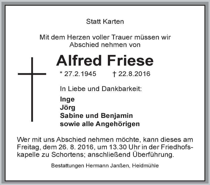  Traueranzeige für Alfred Friese vom 24.08.2016 aus Rhein-Zeitung