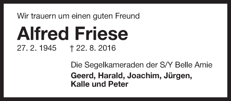  Traueranzeige für Alfred Friese vom 25.08.2016 aus Rhein-Zeitung