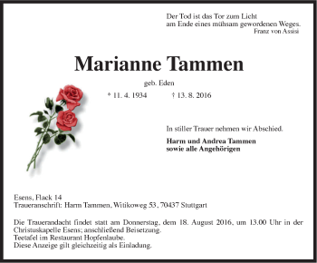 Traueranzeige von Marianne Tammen von Rhein-Zeitung