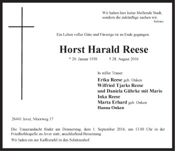 Traueranzeige von Horst Harald Reese von Rhein-Zeitung