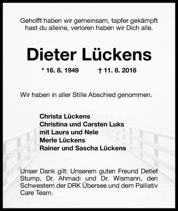 Traueranzeige von Dieter Lückens von Wilhelmshavener Zeitung