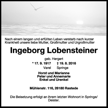 Traueranzeige von Ingeborg Lobensteiner von Wilhelmshavener Zeitung