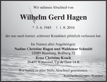 Traueranzeige von Wilhelm Gerd Hagen von Rhein-Zeitung