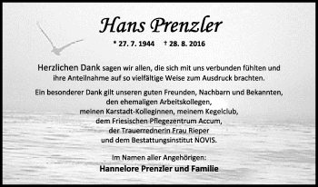 Traueranzeige von Hans Prenzler von Wilhelmshavener Zeitung