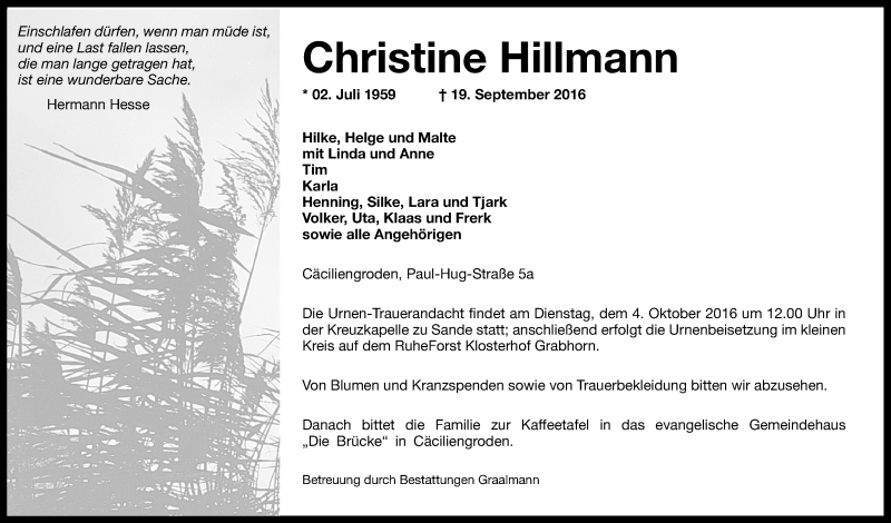  Traueranzeige für Christine Hillmann vom 28.09.2016 aus Wilhelmshavener Zeitung