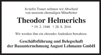 Traueranzeige von Theodor Helmerichs von Rhein-Zeitung