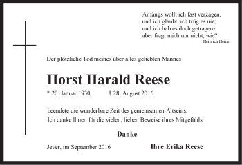 Traueranzeige von Horst Harald Reese von Anzeiger für Harlingerland