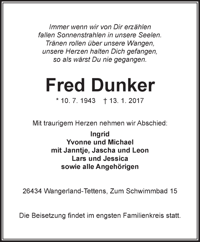  Traueranzeige für Fred Dunker vom 17.01.2017 aus Rhein-Zeitung