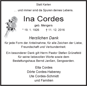 Traueranzeige von Ina Cordes von Rhein-Zeitung