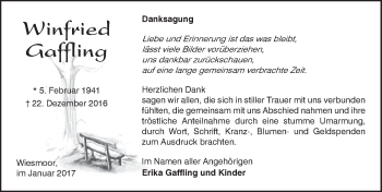Traueranzeige von Winfried Gaffling von Rhein-Zeitung