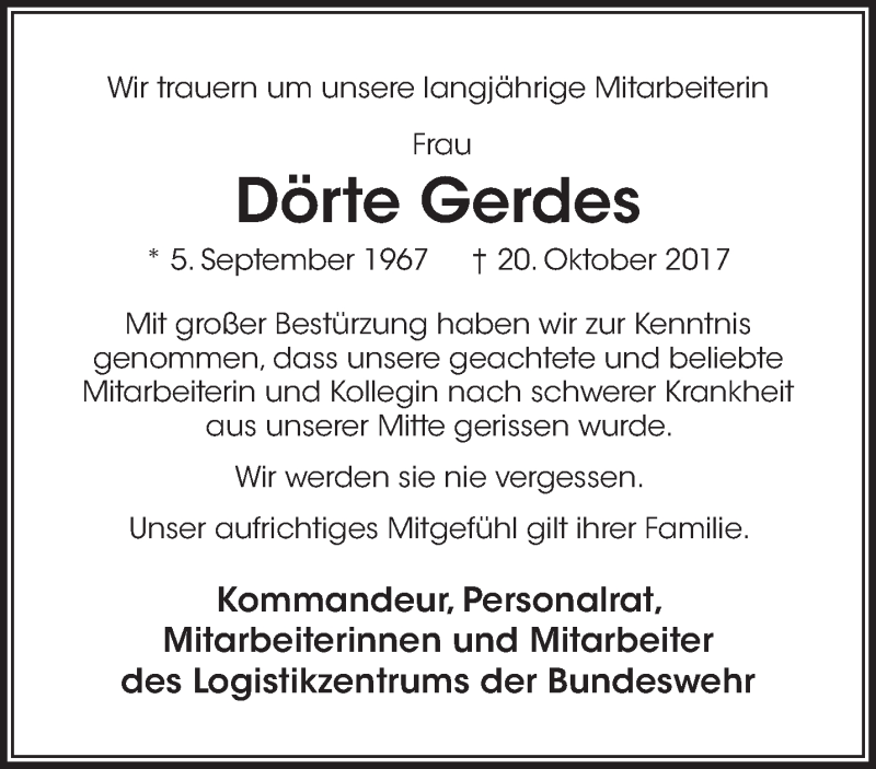 Traueranzeige für Dörte Gerdes vom 24.10.2017 aus Rhein-Zeitung