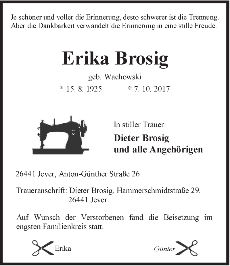 Traueranzeigen Von Erika Brosig | Nordwest-trauer.de