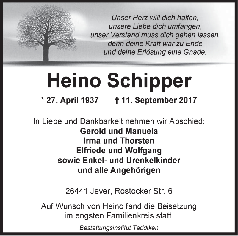  Traueranzeige für Heino Schipper vom 14.10.2017 aus Rhein-Zeitung