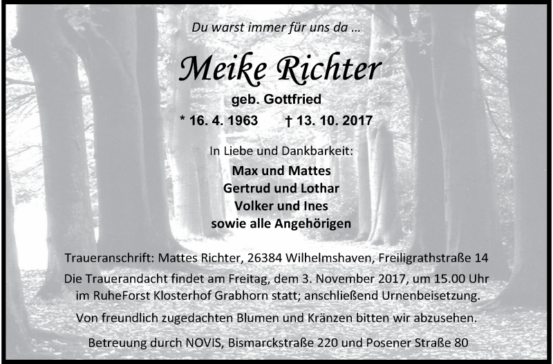  Traueranzeige für Meike Richter vom 28.10.2017 aus Wilhelmshavener Zeitung