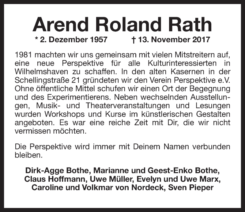 Traueranzeigen von Arend-Roland Rath | nordwest-trauer.de