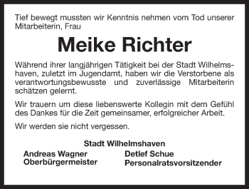 Traueranzeige von Meike Richter von Wilhelmshavener Zeitung