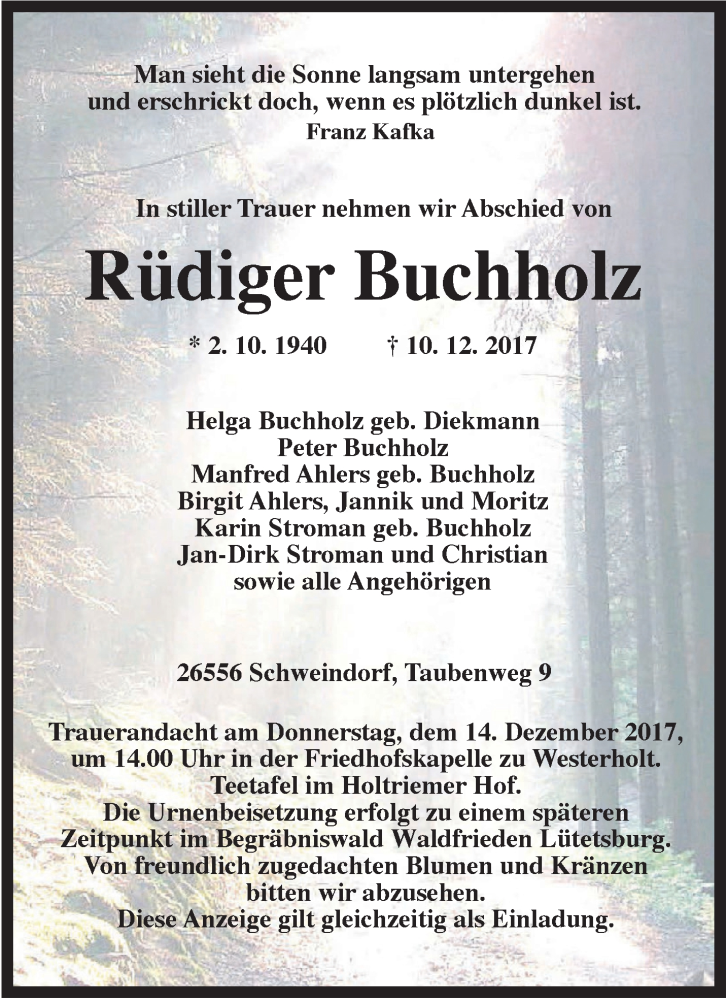 Traueranzeige für Rüdiger Buchholz vom 12.12.2017 aus Rhein-Zeitung
