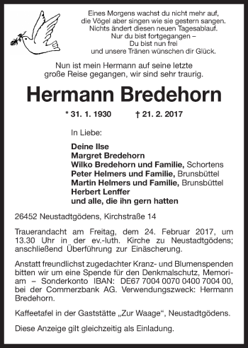 Traueranzeige von Hermann Bredehorn von Wilhelmshavener Zeitung