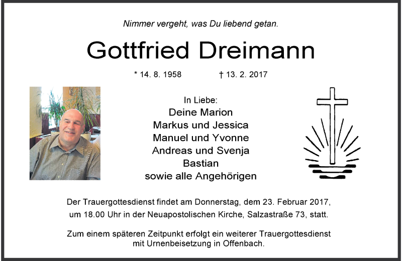  Traueranzeige für Gottfried Dreimann vom 18.02.2017 aus Wilhelmshavener Zeitung