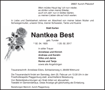 Traueranzeige von Nantkea Best von Anzeiger für Harlingerland