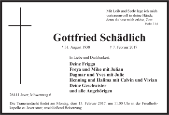 Traueranzeige von Gottfried Schädlich von Rhein-Zeitung