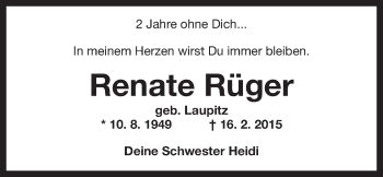 Traueranzeige von Renate Rüger von Wilhelmshavener Zeitung
