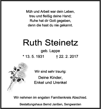 Traueranzeige von Ruth Steinetz von Wilhelmshavener Zeitung