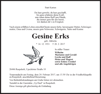 Traueranzeige von Gesine Erks von Anzeiger für Harlingerland