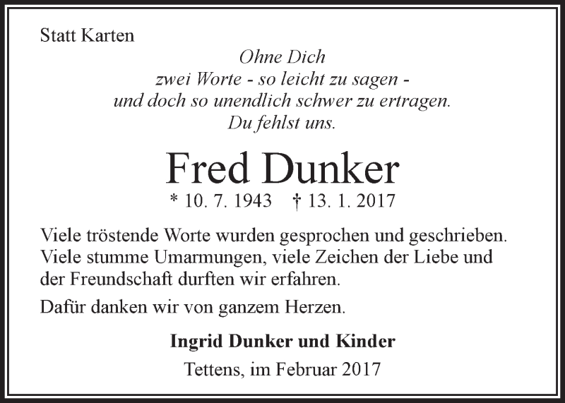  Traueranzeige für Fred Dunker vom 11.02.2017 aus Rhein-Zeitung