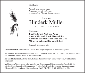 Traueranzeige von Hinderk Müller von Anzeiger für Harlingerland