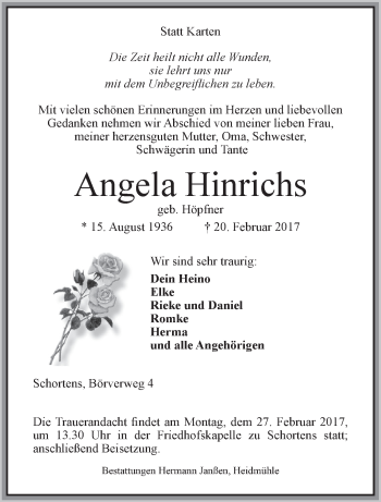 Traueranzeige von Angela Hinrichs von Anzeiger für Harlingerland
