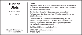 Traueranzeige von Hinrich Ulpts von Rhein-Zeitung