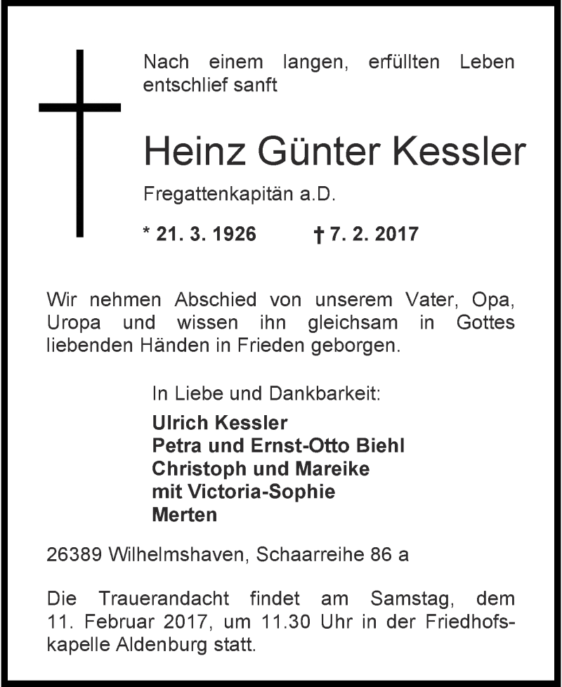 Traueranzeigen von Heinz Günter Kessler | nordwest-trauer.de