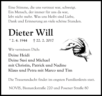 Traueranzeige von Dieter Will von Wilhelmshavener Zeitung