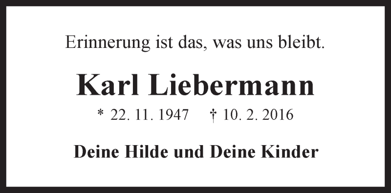  Traueranzeige für Karl Liebermann vom 10.02.2017 aus Rhein-Zeitung