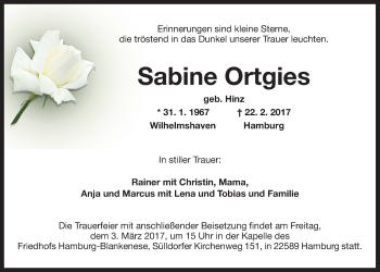 Traueranzeige von Sabine Ortgies von Wilhelmshavener Zeitung