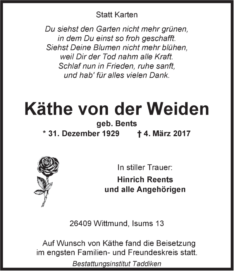  Traueranzeige für Käthe von der Weiden vom 10.03.2017 aus Rhein-Zeitung