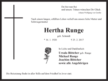 Traueranzeige von Hertha Runge von Rhein-Zeitung