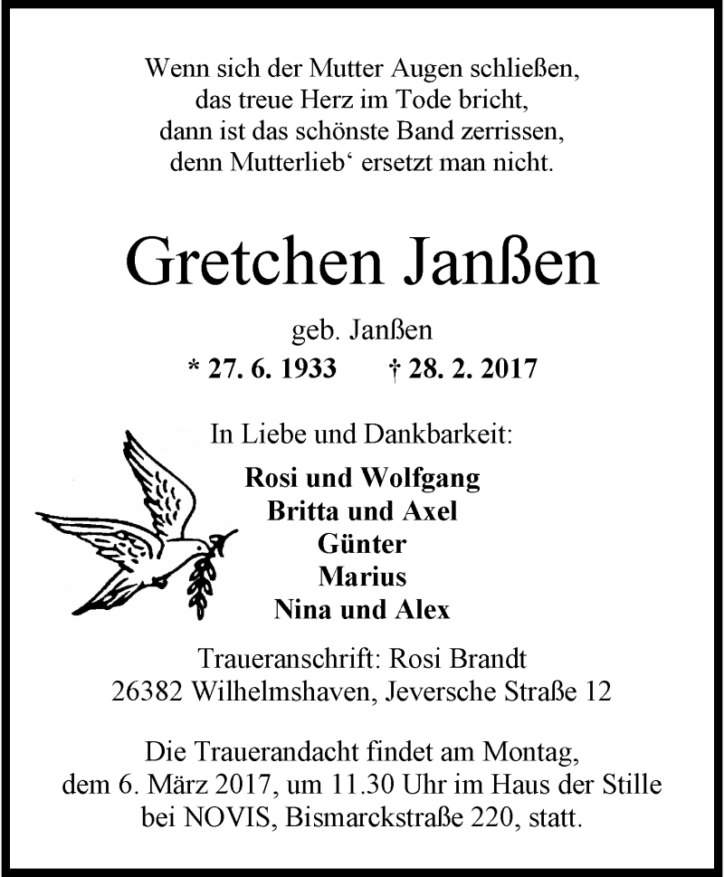  Traueranzeige für Gretchen Janßen vom 04.03.2017 aus Wilhelmshavener Zeitung