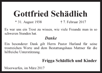 Traueranzeige von Gottfried Schädlich von Rhein-Zeitung