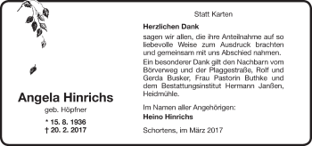 Traueranzeige von Angela Hinrichs von Rhein-Zeitung