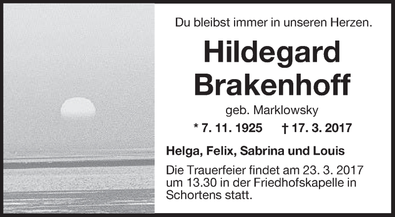  Traueranzeige für Hildegard Brakenhoff vom 21.03.2017 aus Rhein-Zeitung