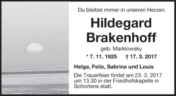 Traueranzeige von Hildegard Brakenhoff von Rhein-Zeitung