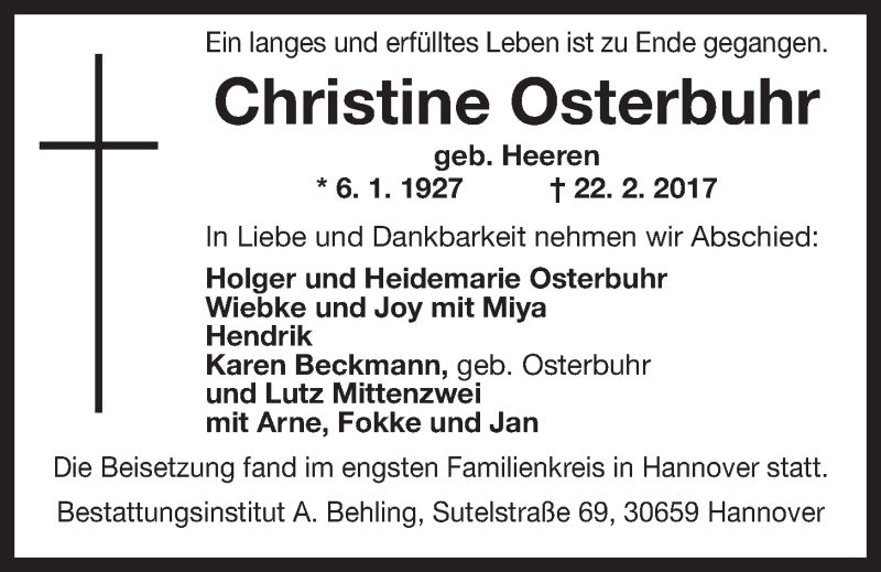  Traueranzeige für Christine Osterbuhr vom 04.03.2017 aus Wilhelmshavener Zeitung