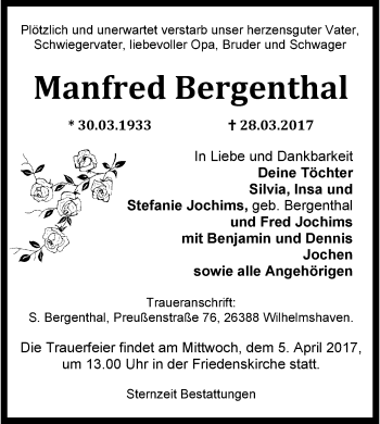 Traueranzeige von Manfred Bergenthal von Wilhelmshavener Zeitung
