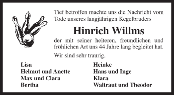Traueranzeige von Hinrich Willms von Rhein-Zeitung